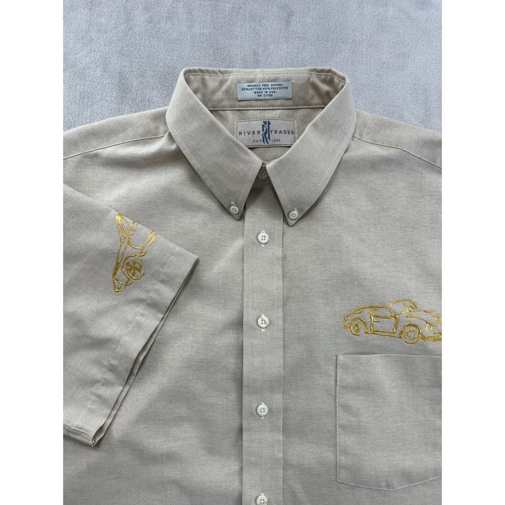 River Trader Oxford Shirt Men 17.5 XL Tan Wrinkle Free Car Embroidery made USA